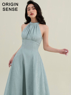 ORIGIN SENSE/知觉之门夏挂脖雾霾蓝露肩性感女神气质度假大摆裙