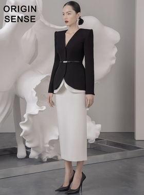 ORIGIN SENSE/知觉之门小众设计高档精致V领黑色西装外套两件套