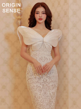 ORIGIN SENSE/知觉之门法式蕾丝镂空大蝴蝶结束腰裙V领包臀礼服装