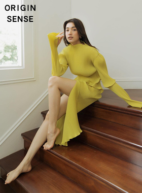 春夏新品三宅家个性压褶弹力高瘦开叉女神范性感果绿色度假风长裙