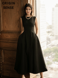 高档简约通勤职场度假纯黑色简约无袖开叉洋气小黑裙长款连衣裙