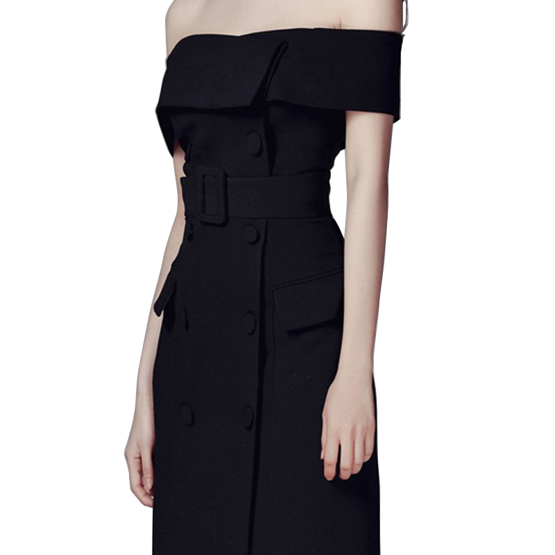 创宙 抹胸黑色一字领露肩连衣裙一字肩心机小黑裙长款赫本风小礼服名媛