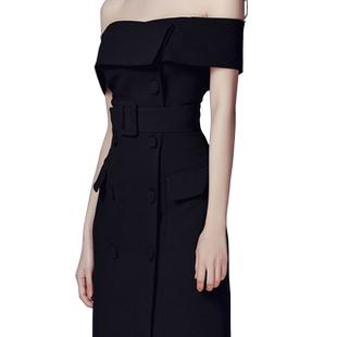 抹胸黑色一字领露肩连衣裙一字肩心机小黑裙长款赫本风小礼服名媛