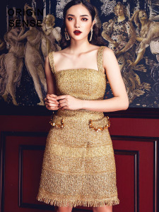 知觉之门 高冷御姐粗纺小香风秋冬法式一字肩领内外搭背心连衣裙