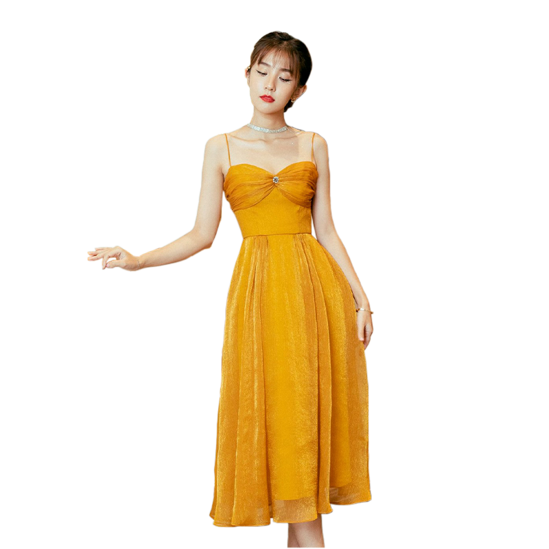 超细吊带高腰显瘦金黄色公主抹胸在逃公主设计靓丽飘逸大摆连衣裙