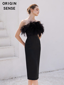 SENSE 知觉之门2020冬季 新品 ORIGIN 通勤鸵鸟毛裹胸修身 连衣裙11