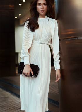 ORIGIN SENSE/知觉之门小众精品白色压褶洋气镂空长袖子飘逸长裙