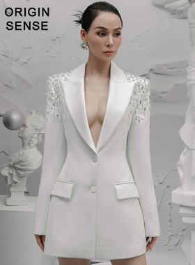 ORIGIN SENSE/知觉之门小众垫肩洋气深V领设计性感白色西装外套