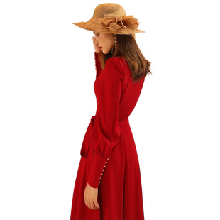 秋冬长款度假风欧式泡泡袖绑带红色喜晚宴回门敬酒服大摆连衣裙
