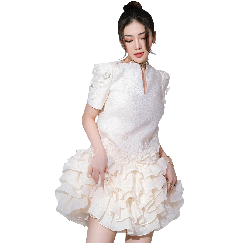 洋气少女感超短提花连衣裙