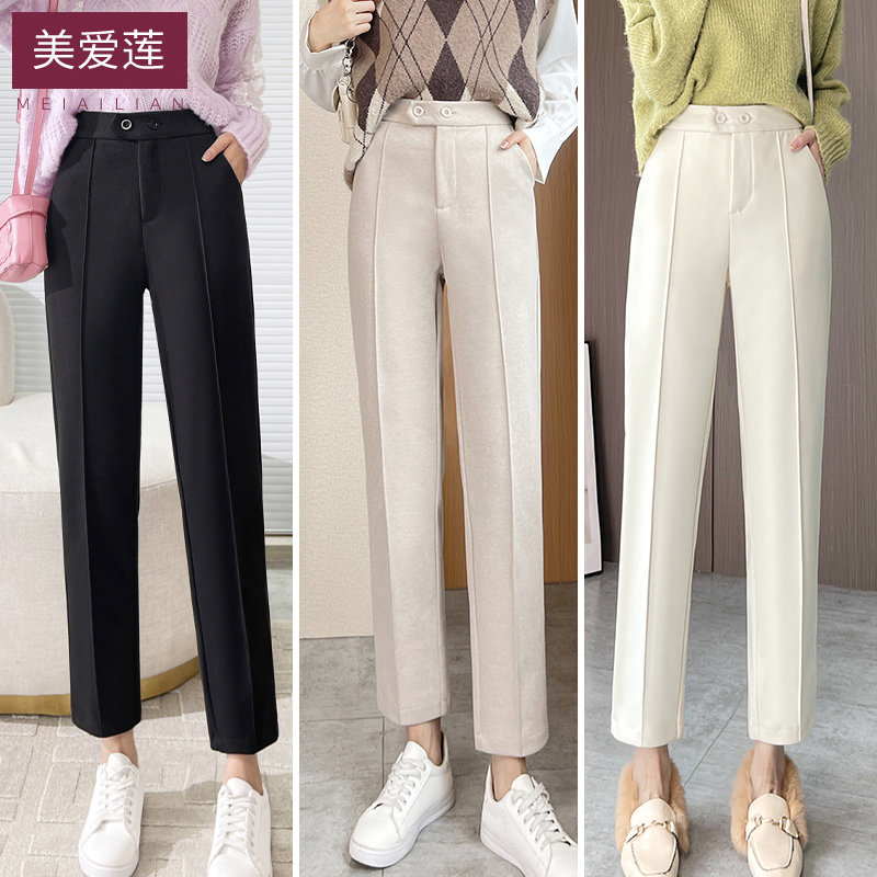 毛呢直筒裤女裤休闲裤加绒加厚