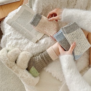 秋冬粗线袜子女韩国东大门拼色点子纱羊绒加厚保暖羊毛中筒堆堆袜