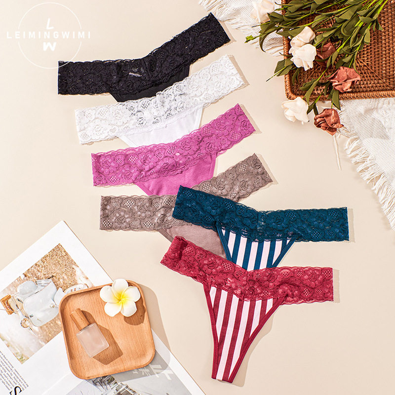 新品内裤女性感蕾丝条纹花边舒适痕透气低腰丁字裤女士女丁字裤棉