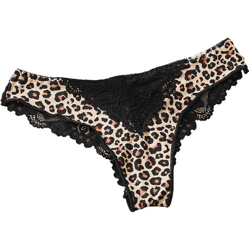 欧美性感冰丝豹纹低腰女士内裤纯欲蕾丝拼接丁字裤舒适棉裆锦纶