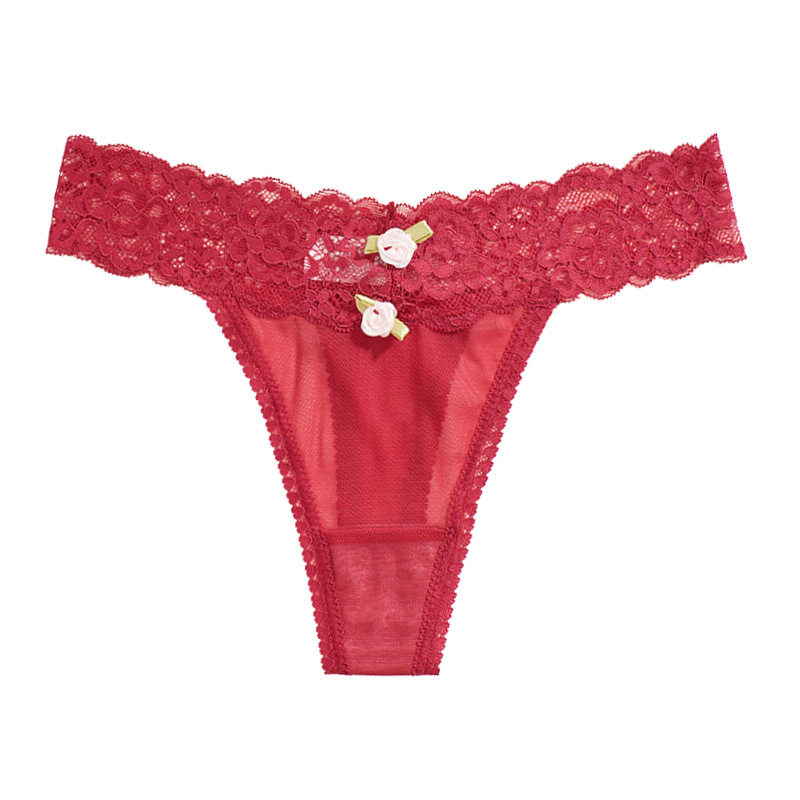 新款纯色丁字裤女低腰性感迷人蕾丝内裤舒适痕透气女士内裤锦纶