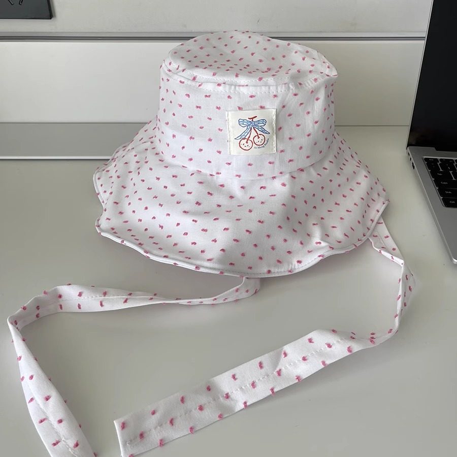 日系新款樱桃贴布防晒帽女夏季甜美可爱绑带显脸小遮阳帽渔夫帽子