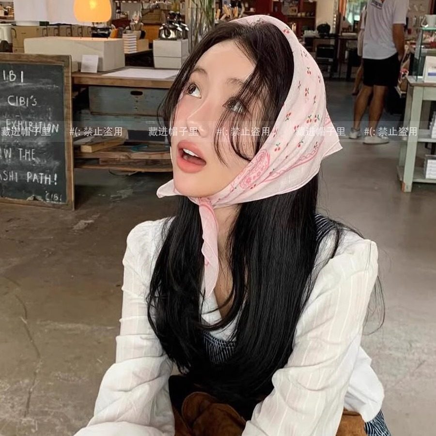 韩国ins博主樱桃腰果花方巾女春夏薄款多功能装饰三角巾头巾领巾