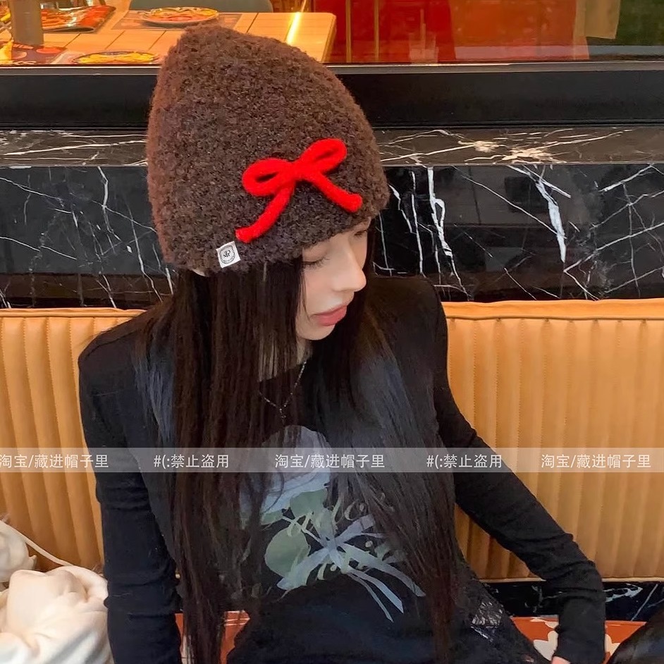 韩国ig博主同款蝴蝶结毛线帽女秋冬甜美氛围感显脸小针织帽堆堆帽