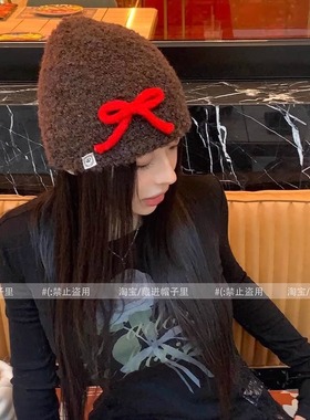 韩国ig博主同款蝴蝶结毛线帽女秋冬甜美氛围感显脸小针织帽堆堆帽