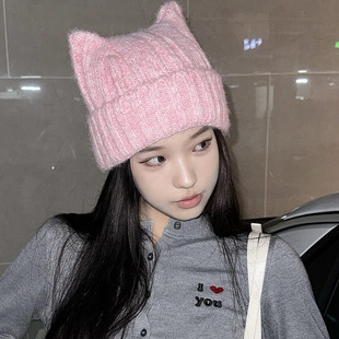 韩版可爱猫耳朵毛线帽女秋冬粉色大头针织帽保暖护耳包头帽子冬季