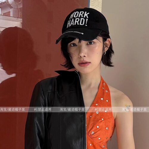 韩国Work Hard标语字母刺绣鸭舌帽女ins博主同款街头潮牌棒球帽男