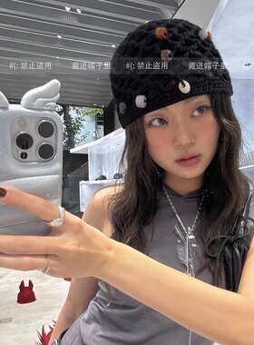 韩系勾花复古钉珠镂空包头帽子女2025夏季新款度假针织毛线帽薄款