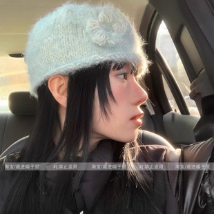 韩系立体花朵加厚保暖包头针织帽女小清新薄荷绿色毛线帽子显脸小