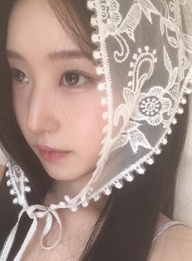 韩系网红ins出游钩花蕾丝三角头巾女夏季可爱甜美绑发带拍照头饰
