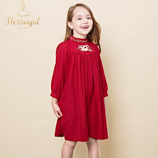 HERROYAL2026春秋女童绣花裙红色裙子刺绣洋气生日连衣裙长袖宽松