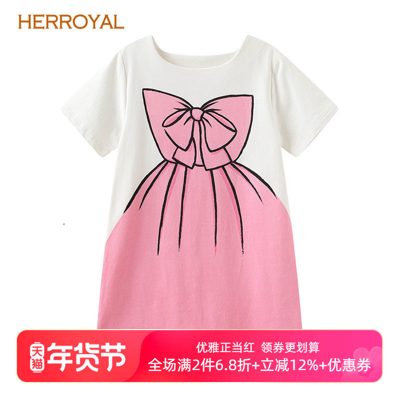 HERROYAL女童连衣裙蝴蝶结短袖公主裙中大童美少女裙仙女裙亲子裙