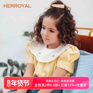 HERROYAL法式手工刺绣领女童女孩短袖黄格上衣洋气泡泡袖衬衫短袖