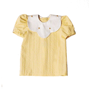 HERROYAL法式手工刺绣领女童女孩短袖黄格上衣洋气泡泡袖衬衫短袖