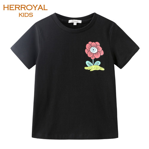 HERROYAL2026夏季女童短袖T恤纯棉黑色粉色洋气 亲子两色