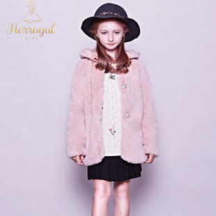 HERROYAL秋冬女童中大童保暖仿皮草中长款高级感毛毛英伦大衣外套