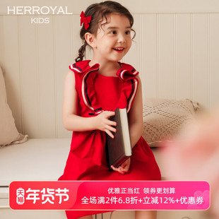 HERROYAL春夏童装女童儿童蝴蝶结复古学院夏季POLO裙连衣裙少女装