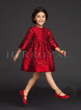 HERROYAL秋冬重工刺绣女童生日礼服裙红色连衣裙节日装新年圣诞