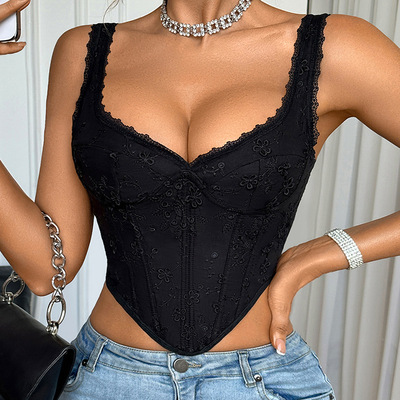 亚马逊法式小众温柔甜美蕾丝花边鱼骨胸衣短吊带上衣纯欲背心