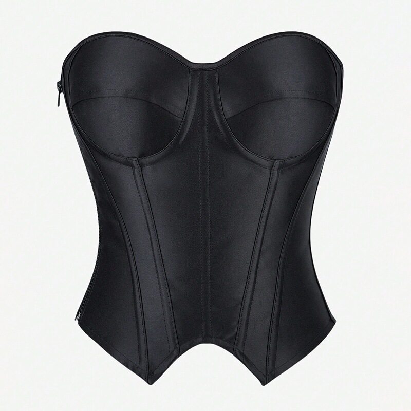 跨境黑色拉链pu皮衣带钢圈罩杯女士托胸美体宫廷鱼骨抹胸上衣