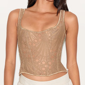 跨境欧美不规则镂空蕾丝双层贴合骨衣宫廷束身衣网孔透气上衣