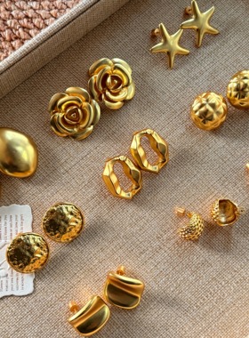 ins复古金色几何造型耳钉女简约个性多款式耳饰