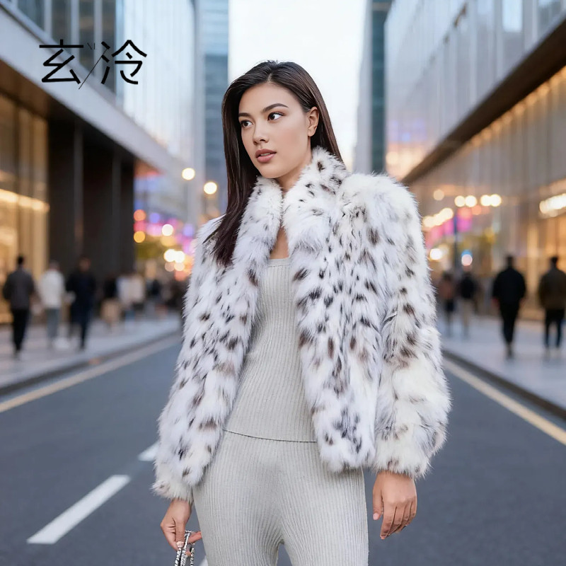 进口山猫绒高奢西装领中长款高端皮草外套时尚名媛环保水貂豹纹女