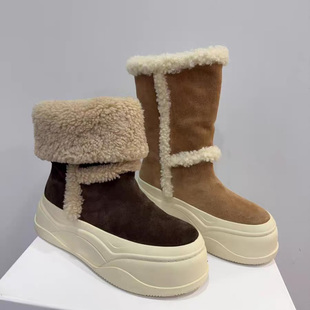 厚底雪地靴女冬季 真皮羊皮毛一体加绒保暖中筒毛毛靴可翻折靴筒潮