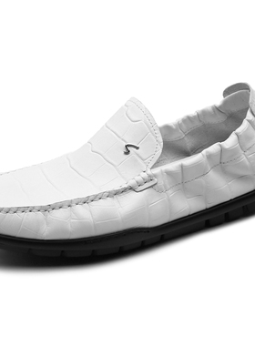 商场同款沙驰男鞋2024春夏新款牛皮鳄鱼纹时尚休闲皮鞋白色豆豆鞋