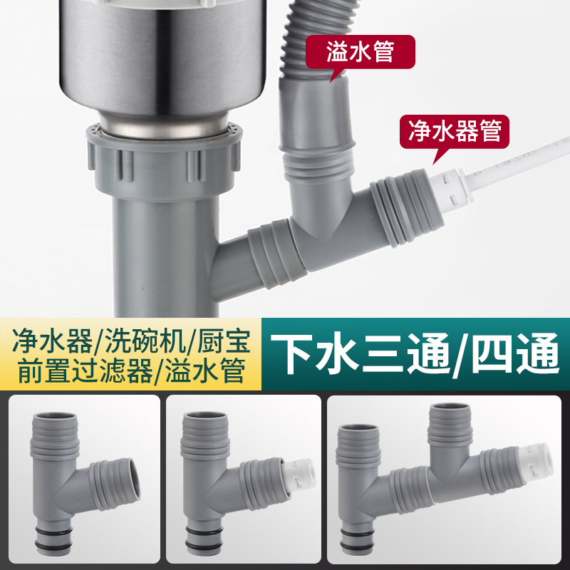 厨房下水管净水器三通接头溢水口管小厨宝洗碗机排废水一分二配件