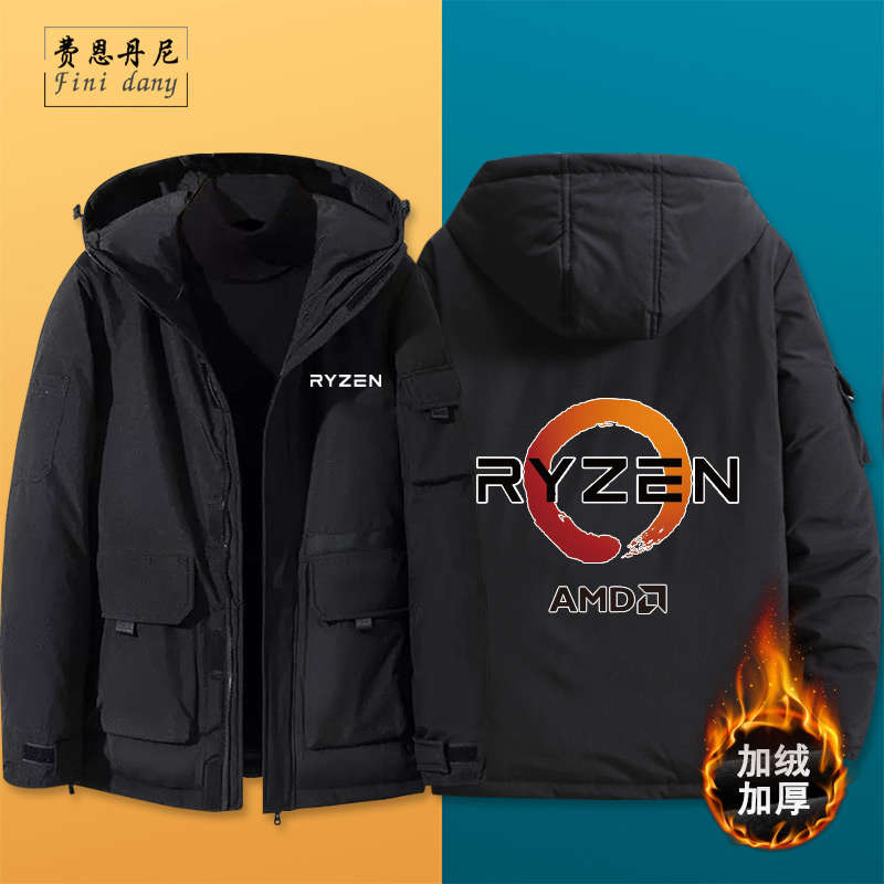 秋冬季AMD RYZEN锐龙LOGO印花男休闲连帽羽绒服外套衣服新潮