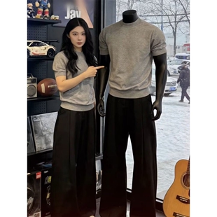 FOCO美式垂坠绒感压褶直筒休闲长裤舒适百搭可调腰头阔腿裤西裤