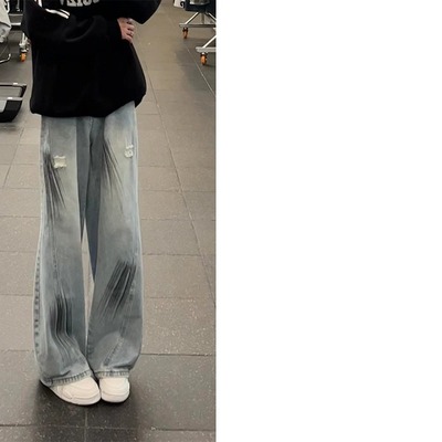 复古水洗泼墨浅蓝牛仔裤男痞帅高级感裤子美式高街扎染弯刀阔腿裤