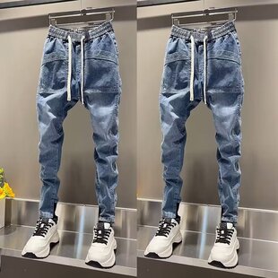 夏季潮款修身弹力牛仔裤男款休闲网红款小脚裤痞帅系绳束脚哈伦裤