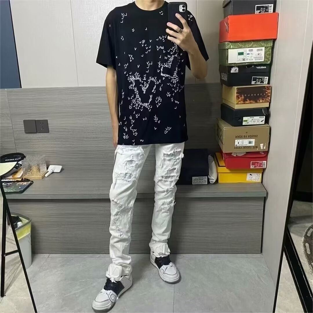 美式修身白色弹力小脚裤破洞烫钻牛仔裤男女网红高街直筒休闲长裤