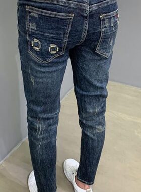 ins复古做旧深蓝猫须抓痕修身小脚牛仔长裤男 潮秋青年弹力中低腰